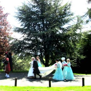 Wedding procession at Airth castle Scotland